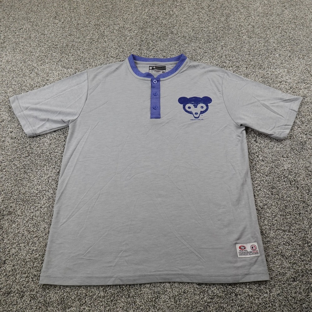 Chicago Cubs Shirt Mens L Gray MLB Baseball Short Sleeve Henley Tee Top Casual